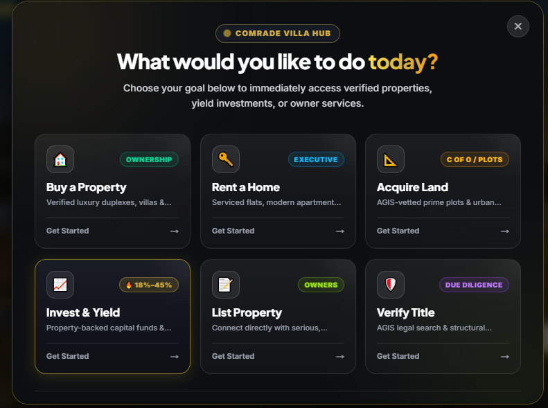 Comrade Villa HUB — homepage with property categories